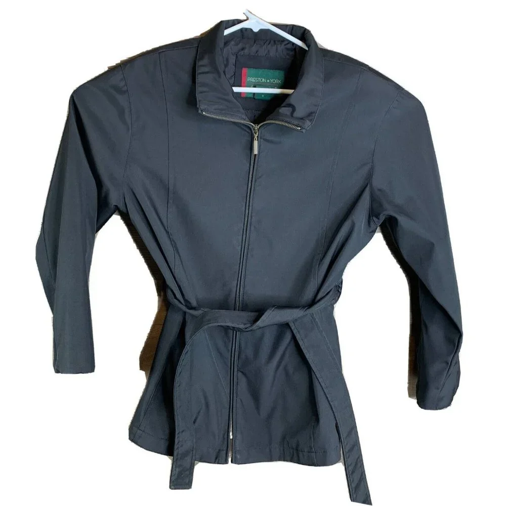 Preston & York Sport Womans Coat Tie Belt Zip Close Nylon Liner Black Size Large - Picture 1 of 8